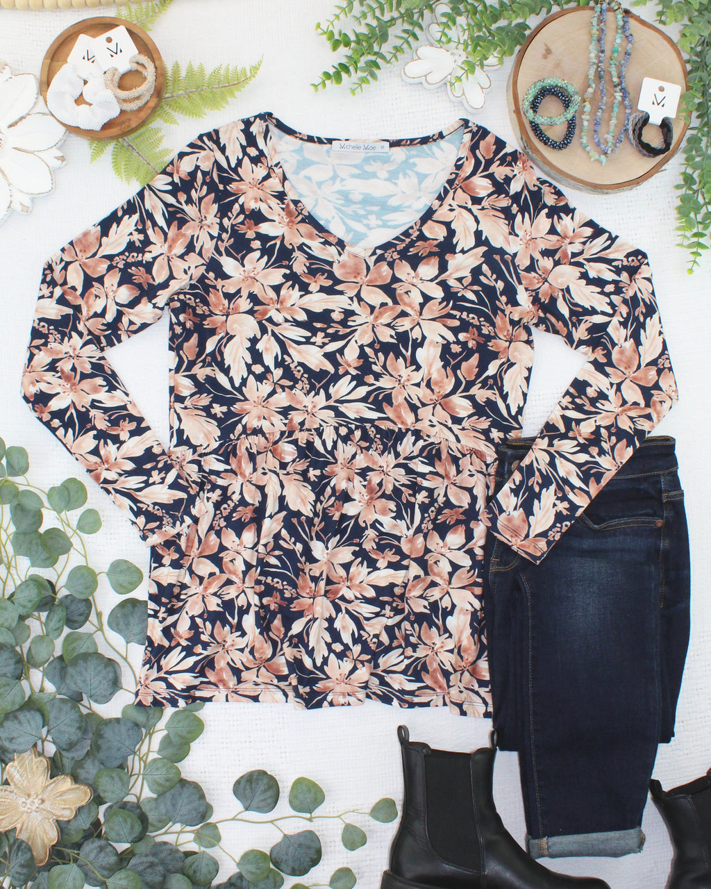 Long Sleeve Sarah Ruffle Top - Navy Autumn Petals