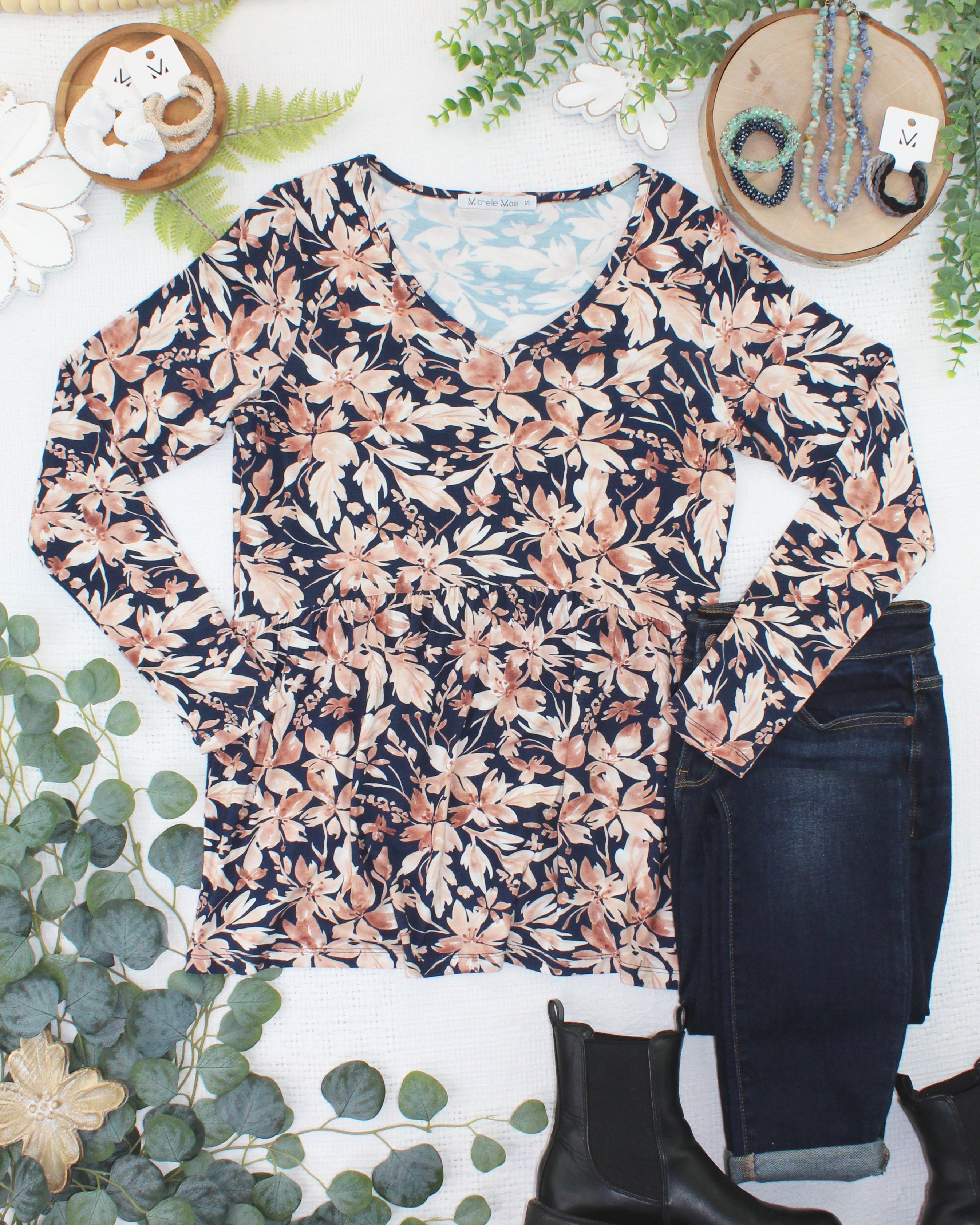 Long Sleeve Sarah Ruffle Top - Navy Autumn Petals
