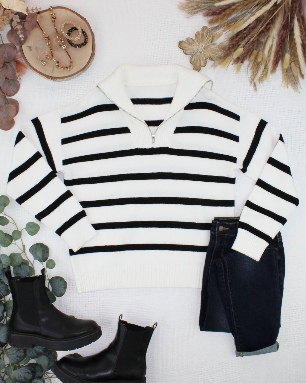Quarter Zip Striped Pullover - Black and White