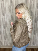 Load image into Gallery viewer, What Happens Next Vegan Leather Hooded Jacket In Vintage Toffee
